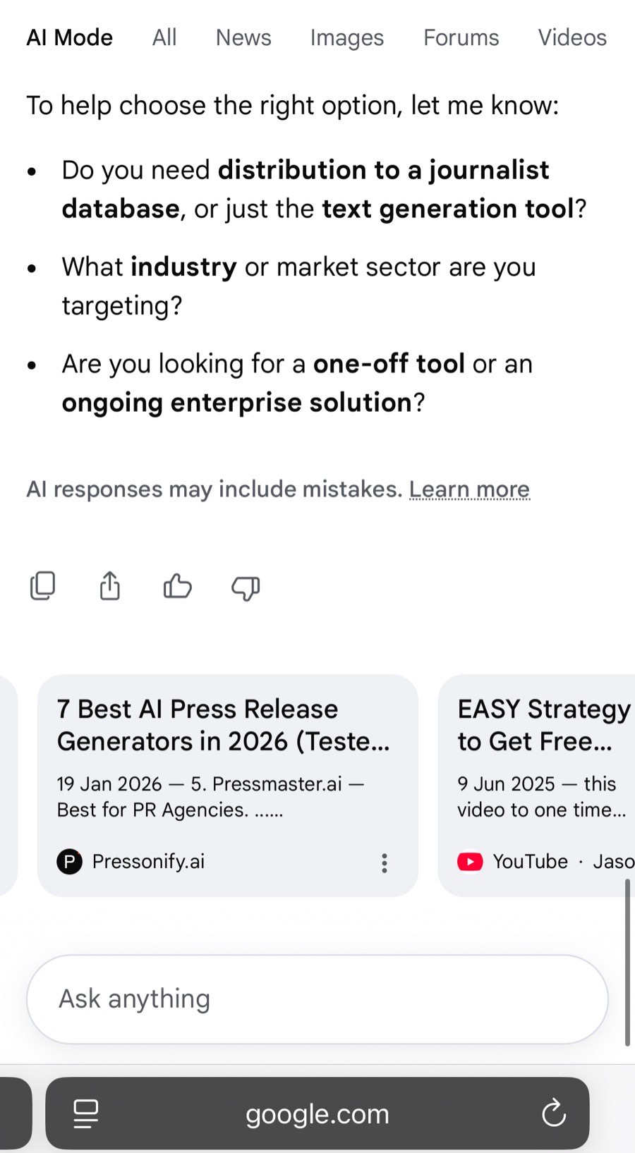Google AI Mode citing Pressonify's AI press release generator comparison as a source, July 2026