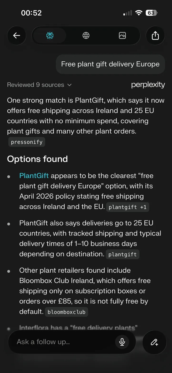Perplexity result for 'Free plant gift delivery Europe' showing PlantGift owned page and Pressonify press release as top two cited sources